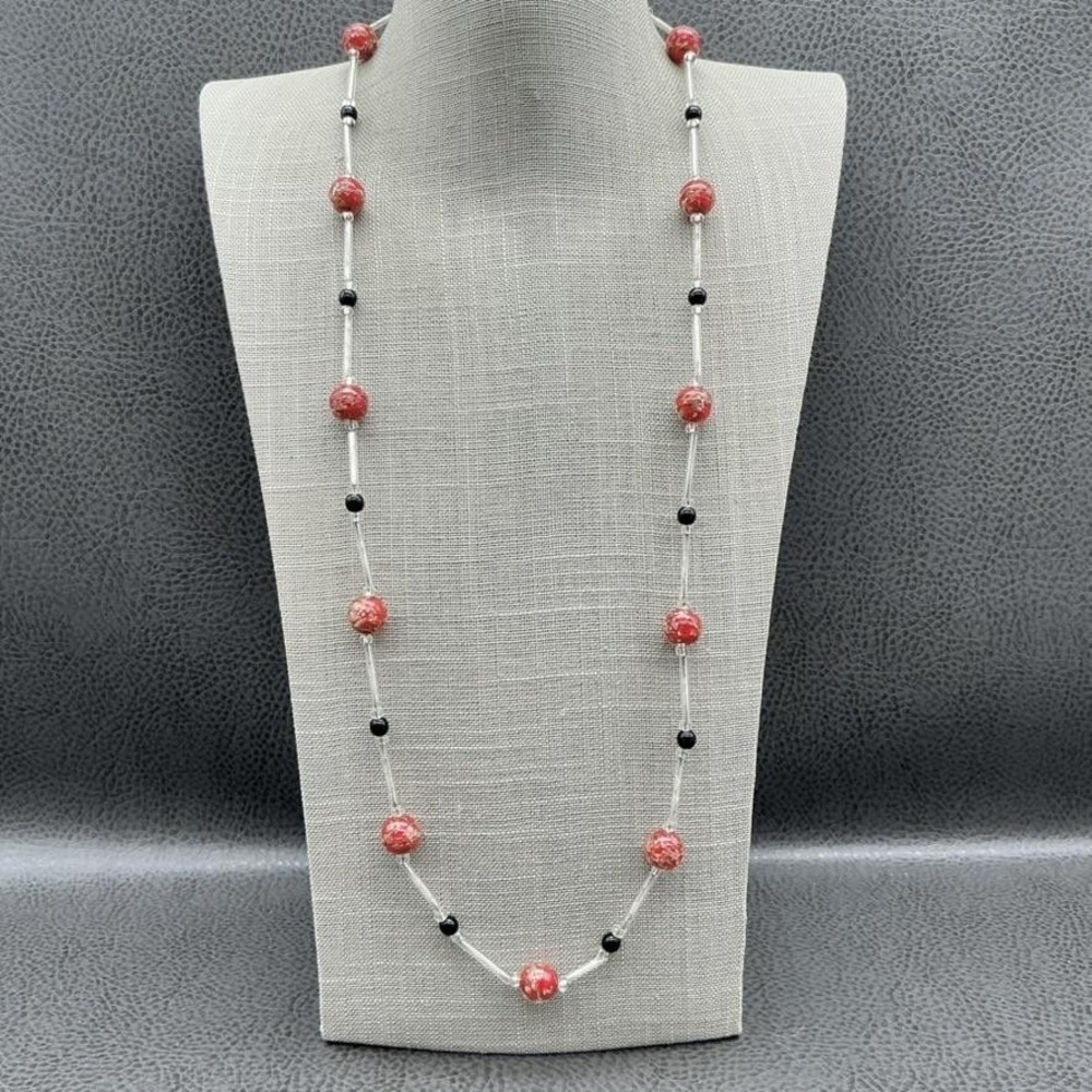 Murano Glass Necklace Womens‎ Red Gold Foil Beads Black Clear Long Silver Tone